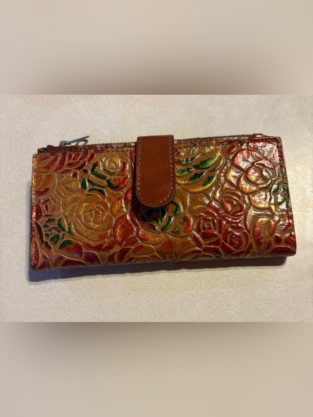 Patricia Nash Tooled Floral Leather Bifold Wallet Cognac Brown